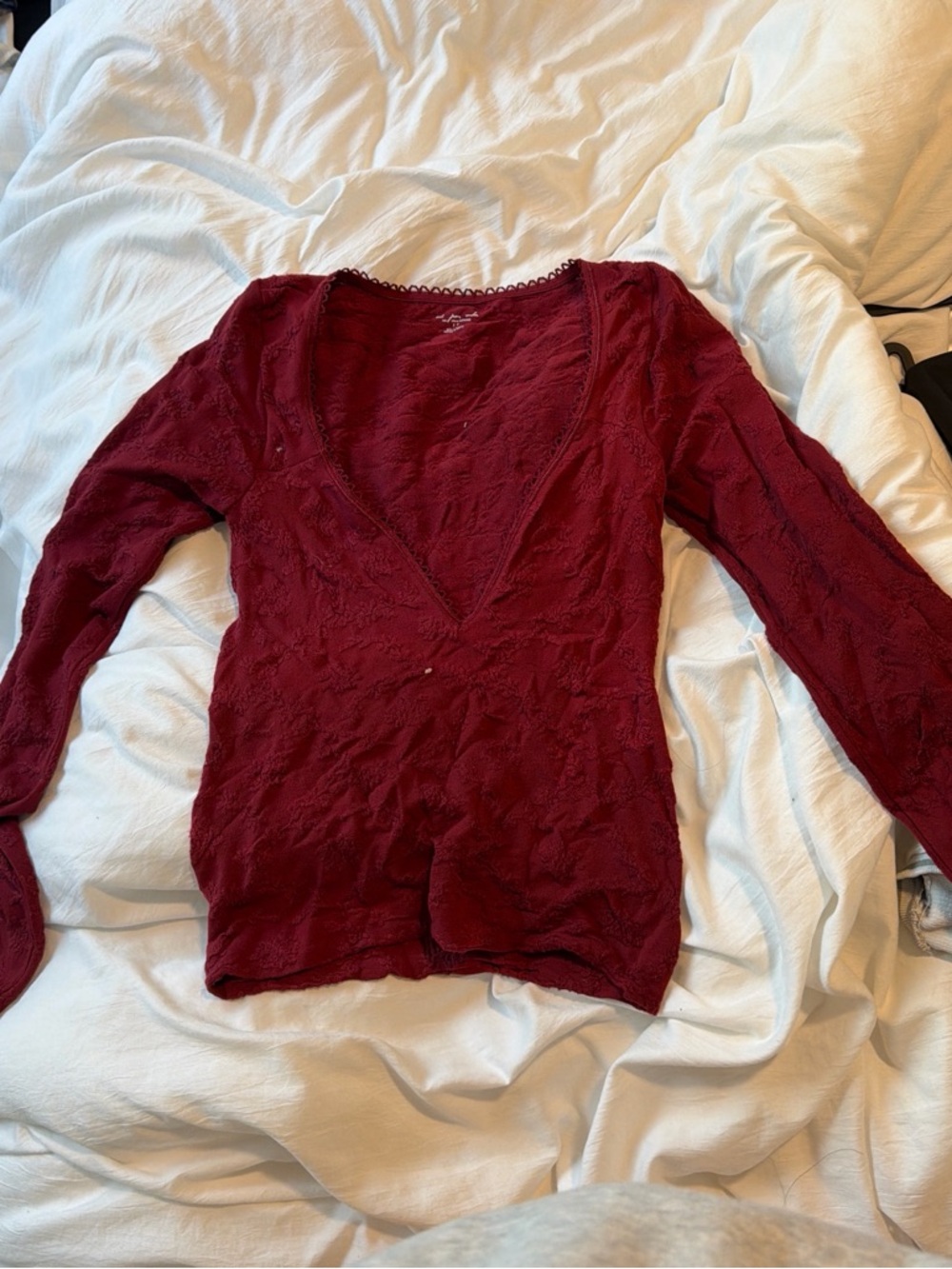 Urban Outfitters Deep V Lace-Textured Long Sleeve Top - Wine